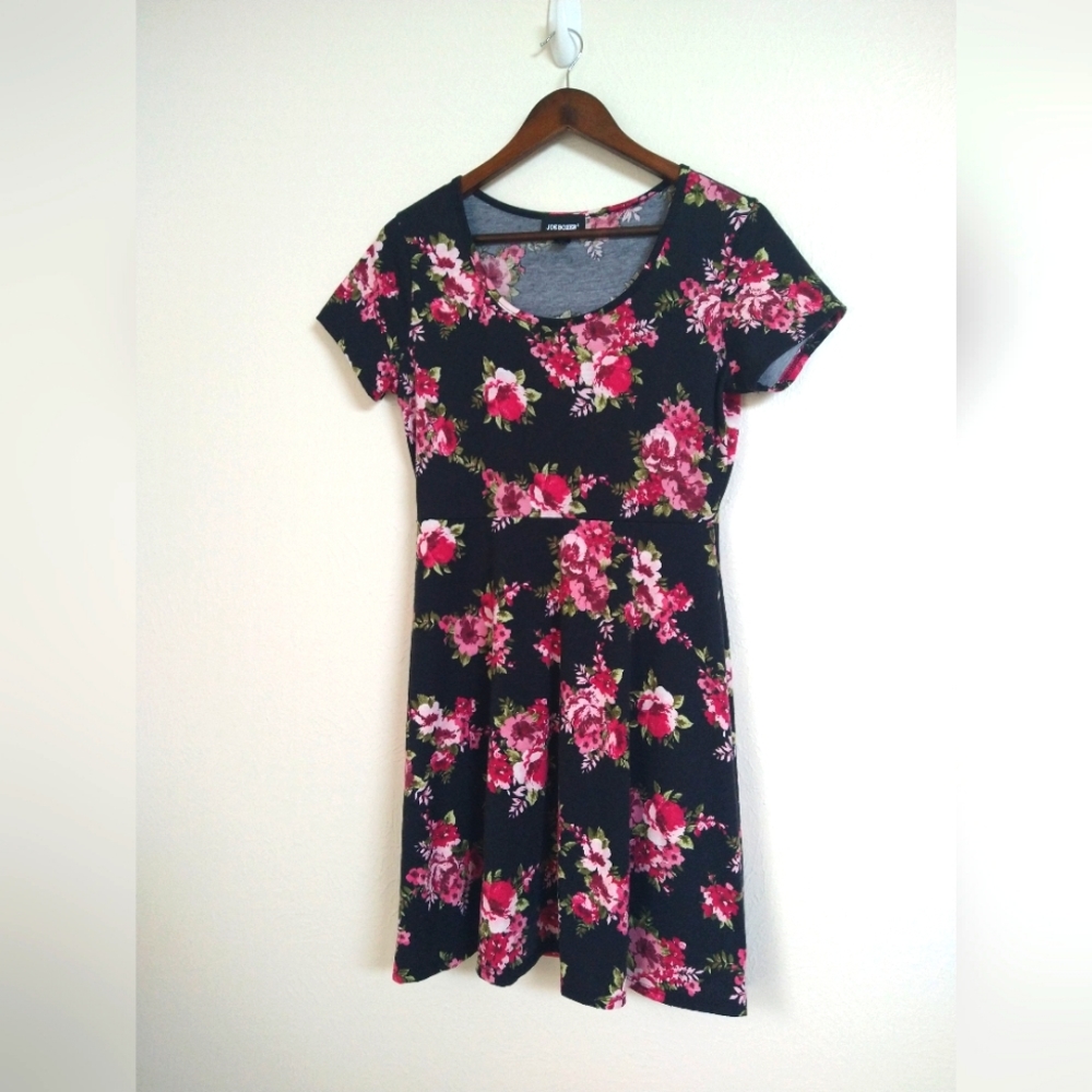 Joe Boxer Rose Print Skater Dress Short Sleeve Pullover Stretch Sz Large